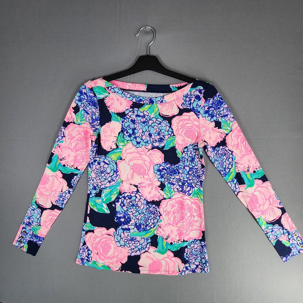 Lilly Pulitzer NWOT Small Hey Hey Bouquet boatneck long sleeve top 3 gold button